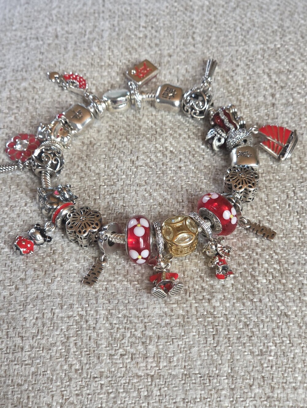 Pandora Mickey & Minnie Chinese Charm Bracelet w/Red Floral Beads Size 7.9